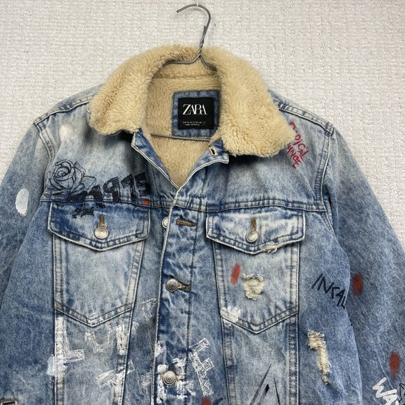 Y2K Zara Denim Punk Emo Goth Graffiti Jacket Sherpa Lined Distressed Men Size S - Picture 5 of 16